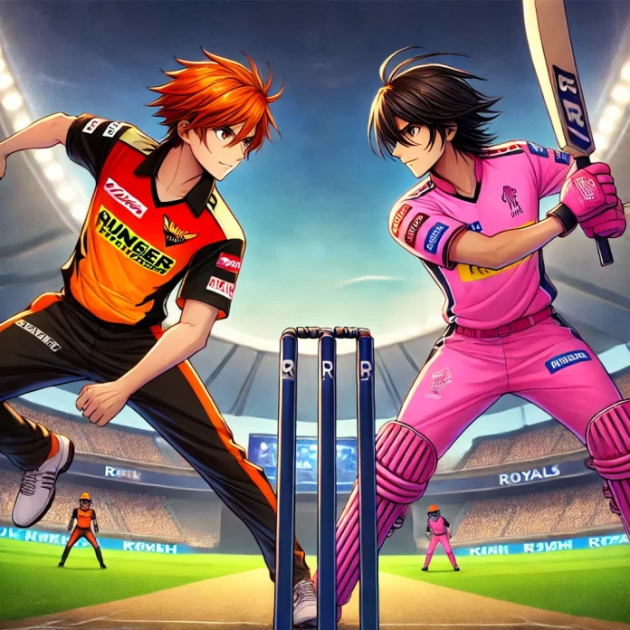 DALL·E 2025-03-23 11.07.17 - Anime-style illustration of a cricket match between Sunrisers Hyderabad (SRH) and Rajasthan Royals (RR). The scene shows two anime-style cricket playe Get the best my11circle prediction fantasy cricket tips, playing XI updates, and match predictions for SRH vs RR in IPL 2025