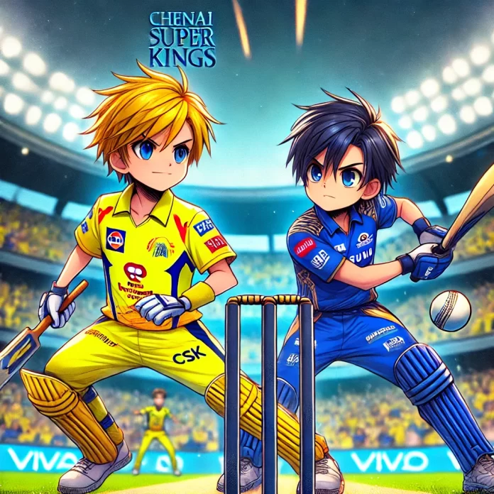 DALL·E 2025-03-23 11.07.34 - Anime-style illustration of a cricket match between Chennai Super Kings (CSK) and Mumbai Indians (MI). The scene features two anime-style cricket play Get the best My11Circle prediction fantasy cricket tips, playing XI updates, and match predictions for csk vs Mi in IPL 2025.
