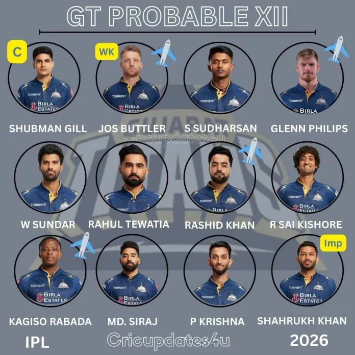 _GT PROBABLE XI (1) Gujarat Titans playing 11 for IPL 2026 with Shubman Gill, Jos Buttler, Rashid Khan and Rabada. Full team analysis and predictions.